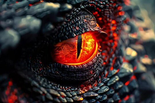 Dragon glowing eye close-up. Fantastic animal with red scales. Intricate details of a reptilian eye, Power and danger, gen by AI.