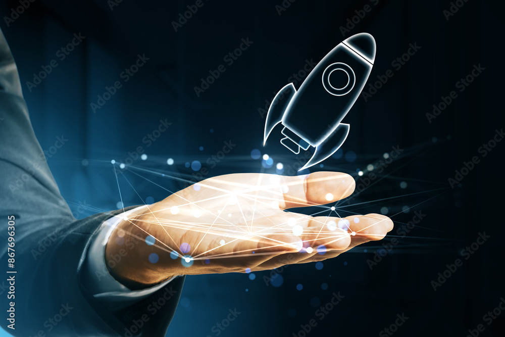 Poster a person's hand with a holographic rocket projection, symbolizing startup and innovation concepts on