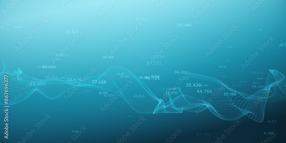 Poster A digital wave with numerical data points on a blue gradient background, depicting a concept of data analysis or digital information flow. 3D Rendering