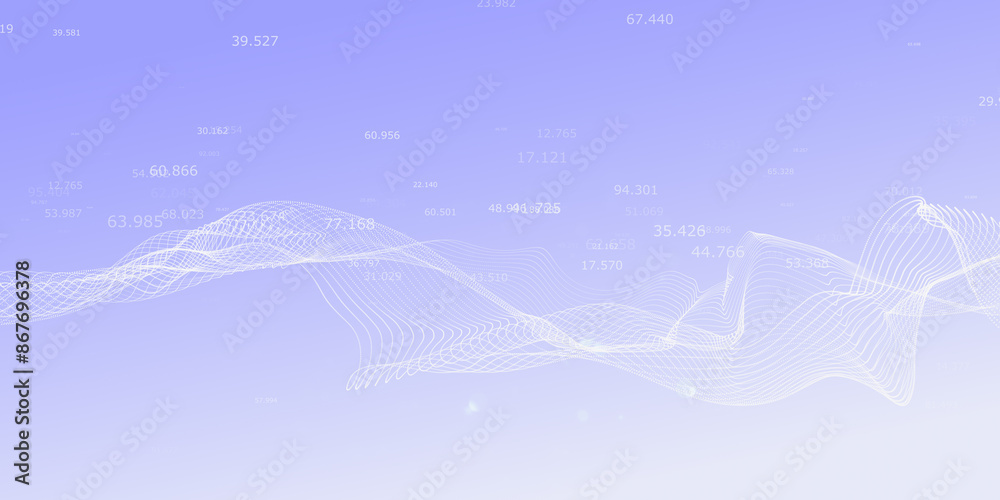 Poster Abstract blue and white digital wave with numerical data on a gradient background, concept of data analysis. 3D Rendering