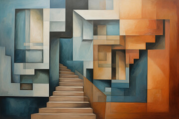 Obraz premium Abstract geometric architectural cubist or cubism style painting featuring a staircase leading upwards, surrounded by interlocking shapes in shades of blue, orange, and beige
