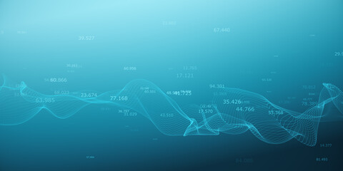 A digital wave with numerical data points on a blue gradient background, depicting a concept of data analysis or digital information flow. 3D Rendering