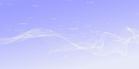 Abstract blue and white digital wave with numerical data on a gradient background, concept of data analysis. 3D Rendering