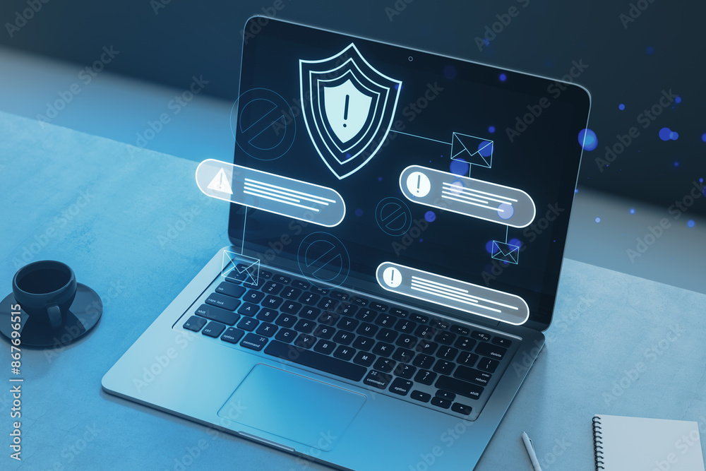 Poster Laptop displaying a cybersecurity concept with holographic overlay icons on a blue background, creative technology idea. 3D Rendering