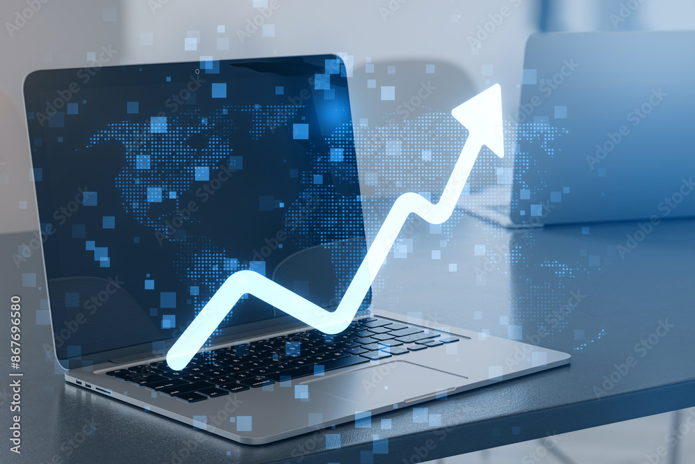 Poster Laptop displaying a rising graph with a world map hologram, depicting a business growth concept with a creative double exposure effect on a blurred background