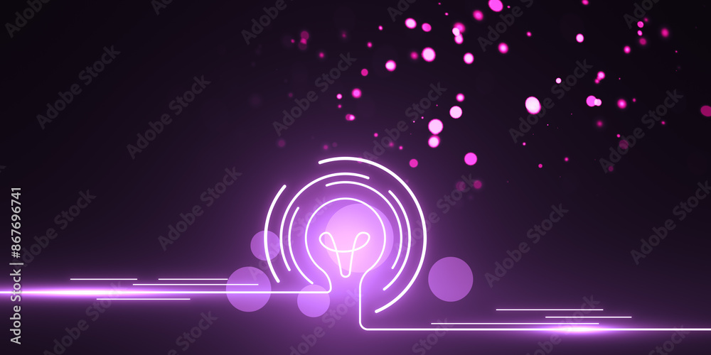 Poster Abstract digital concept with neon lightbulb symbol and glowing particles on a dark purple background, conveying innovation or ideas. 3D Rendering