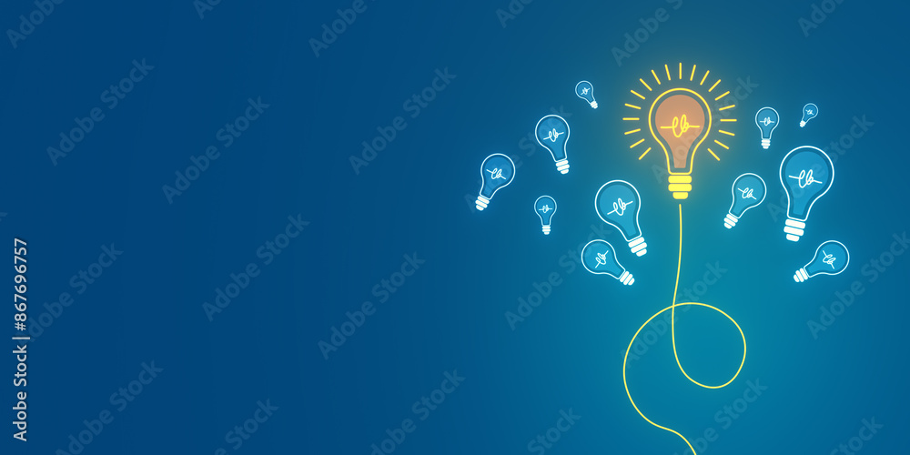 Aufkleber illuminated lightbulbs on blue background, one bright bulb connected with a line represents a concep