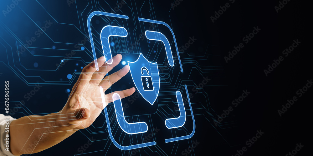 Poster a hand interacting with a digital security hologram on a dark circuitry background, symbolizing cybe