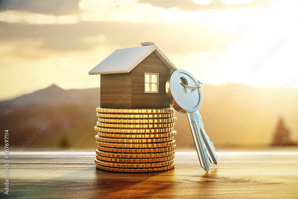 Poster miniature wooden house on a stack of coins with a key next to it, against a sunset and mountain back