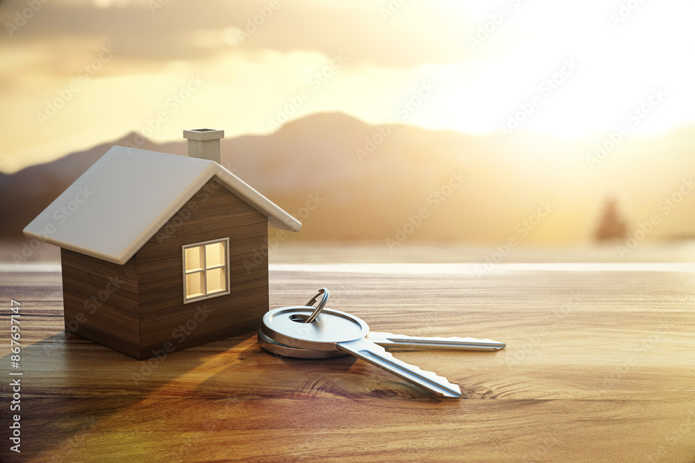 Poster a small wooden house model and keys on a wooden surface with a warm sunset landscape in the backgrou