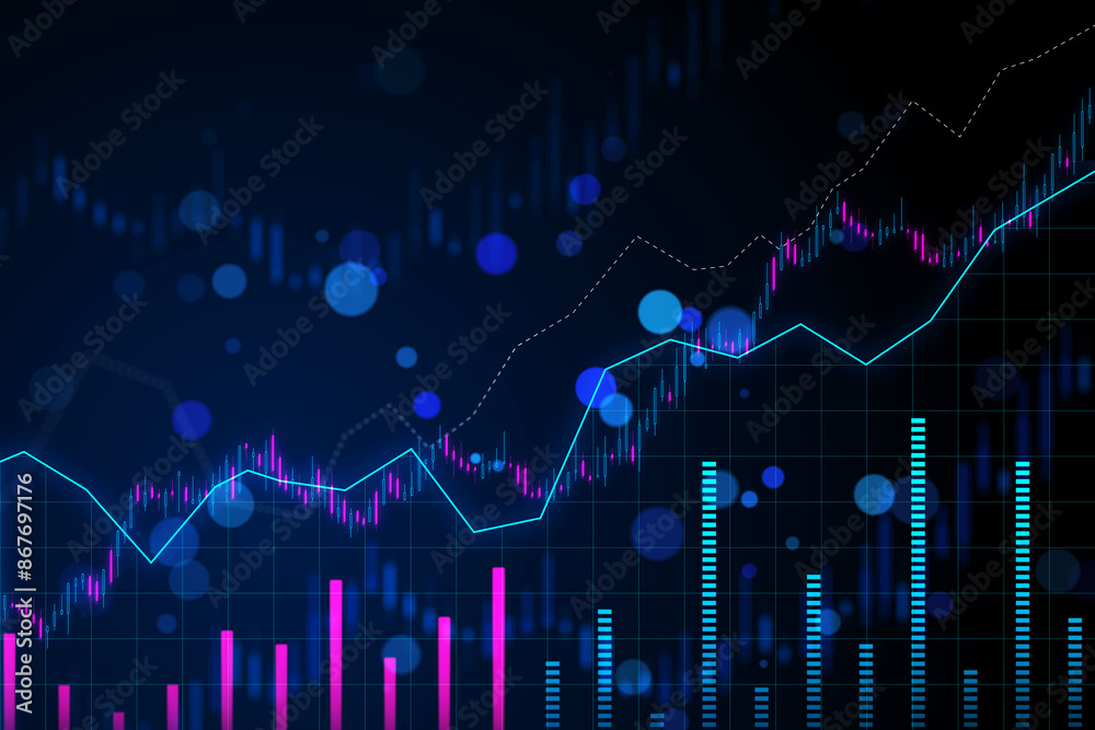Poster A digital forex chart with graphs and data indicators on a blue background, conceptualizing financial market analysis. 3D Rendering