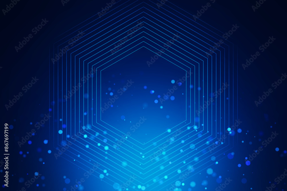 Wall mural hexagonal geometric shapes glowing on a dark blue background, reflecting a technology concept. 3d re