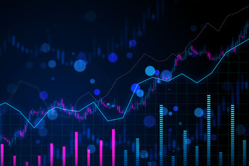A digital forex chart with graphs and data indicators on a blue background, conceptualizing financial market analysis. 3D Rendering