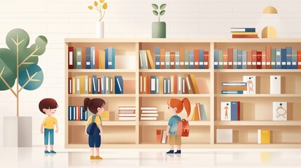 Elementary school students exploring a colorful library, picking books from shelves, enthusiasm for learning, back to school