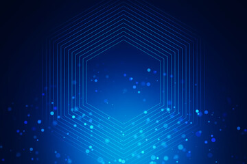 Hexagonal geometric shapes glowing on a dark blue background, reflecting a technology concept. 3D Rendering