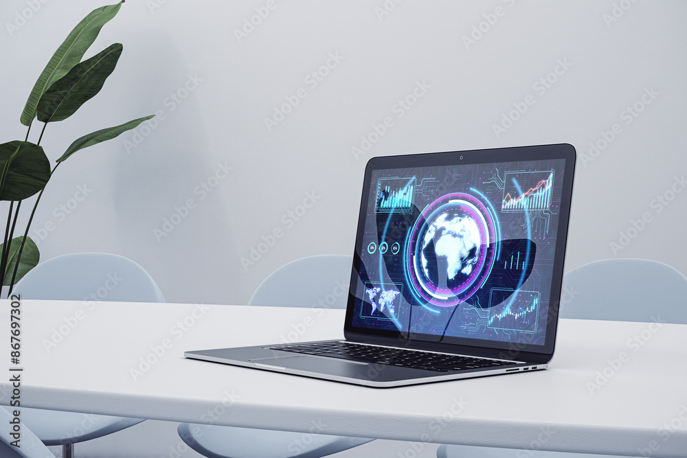 Poster Laptop on a desk displaying futuristic interface, white minimalist background, concept of modern technology. 3D Rendering