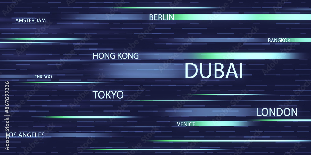 Aufkleber a creative digital illustration showing city names with a motion blur effect on a dark abstract back