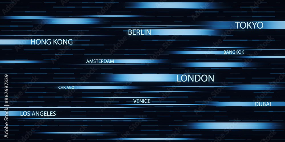 Aufkleber a digital art concept of major city names overlaid on dynamic blue lines on a dark background. 3d re