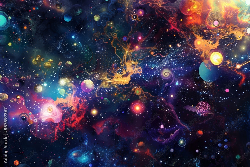 Wall mural cosmic abstract art with vibrant colors and planets in space