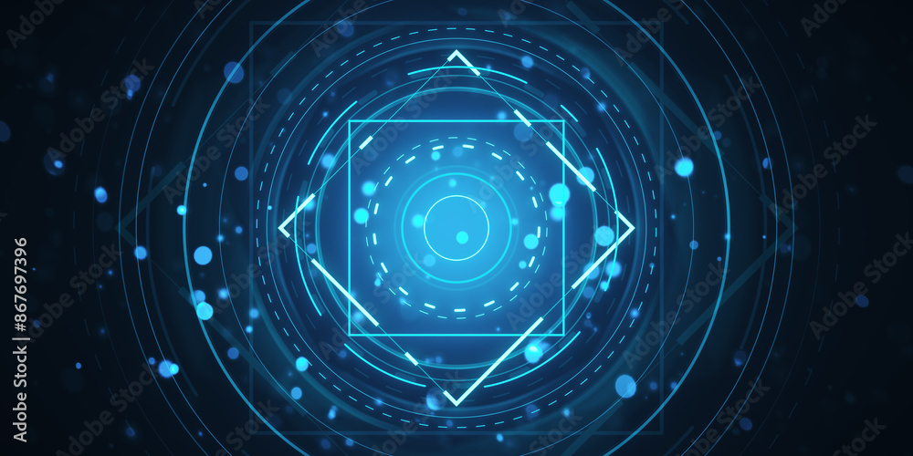 Poster abstract digital hud interface elements, futuristic design, on dark blue background, concept of tech