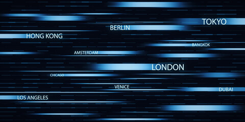 A digital art concept of major city names overlaid on dynamic blue lines on a dark background. 3D Rendering