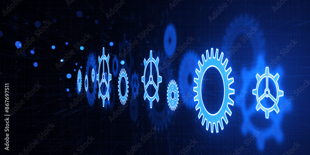 Poster Illuminated gears and cogs on a digital blue background symbolizing technology and mechanics. 3D Rendering