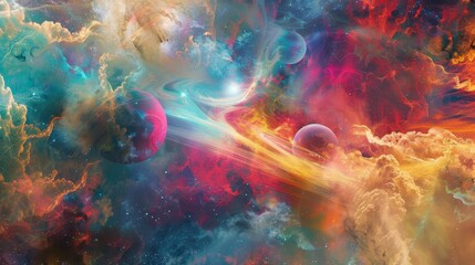 Obraz premium Cosmic Nebula with Glowing Planets and Star Dust in a Vibrant Galaxy
