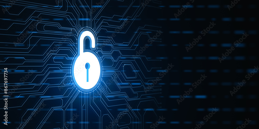 Poster digital padlock integrated into a circuit pattern, symbolizing cybersecurity, depicted in a digital 