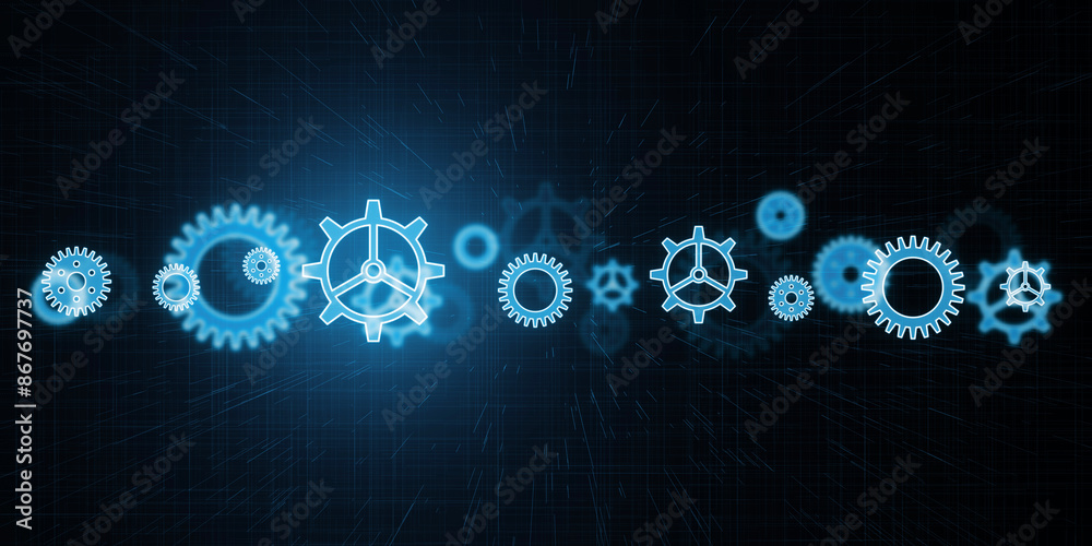 Poster A digital illustration of glowing blue gears on a dark circuit pattern background, conveying a concept of technology and innovation. 3D Rendering