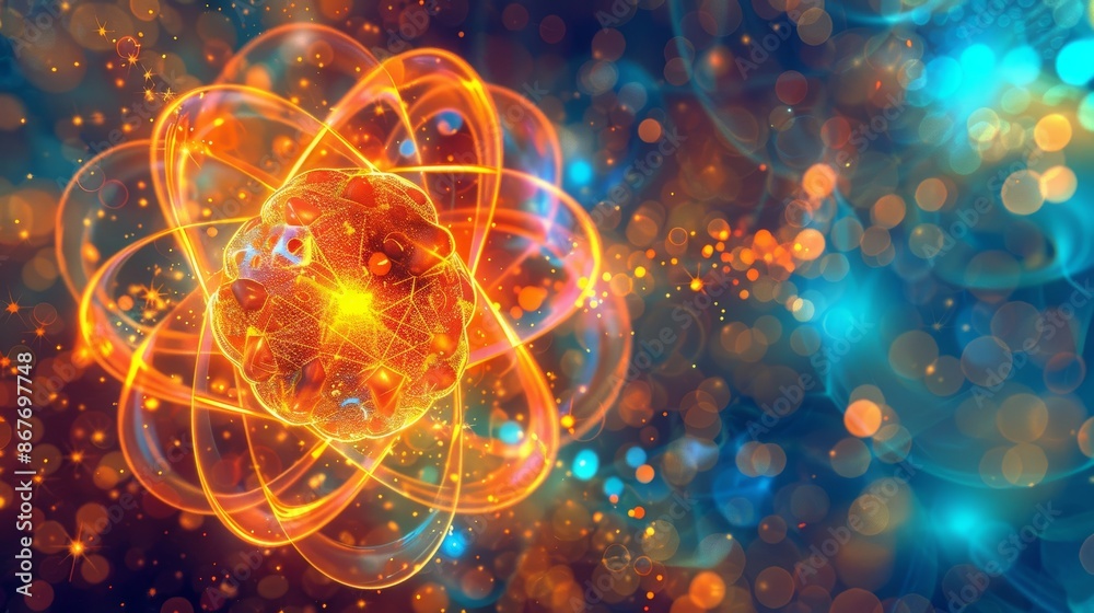 Wall mural glowing atomic structure with orange and blue bokeh background