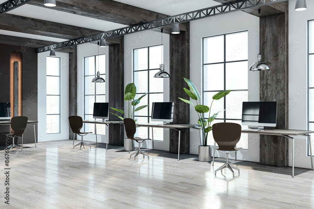 Poster modern office interior design with empty desks, chairs, and computers against a wooden wall and larg