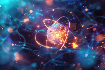 Glowing Orb Surrounded by Interconnected Lines and Abstract Shapes in a Dark Blue and Orange Background