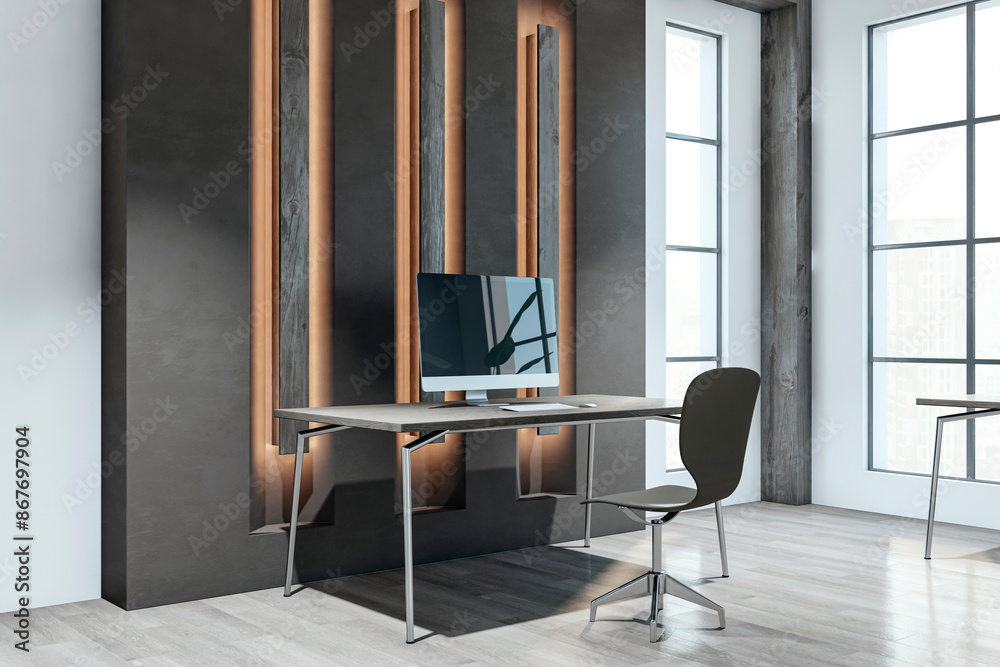 Poster modern office interior with desk, chair, and computer monitor. minimalist style on a cityscape backg