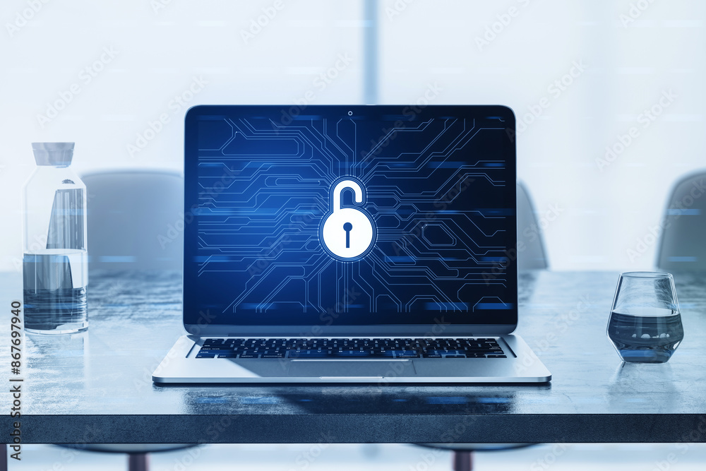Poster Laptop on a desk displaying a lock icon over a circuit pattern, symbolizing cybersecurity, against a blurred office background. 3D Rendering