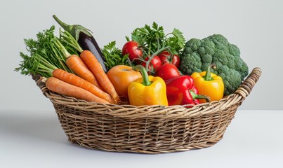 A colorful array of fresh vegetables arranged in a wicker basket. Generate AI