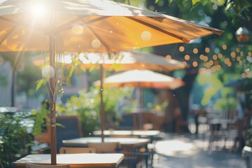 Blurred background with a outdoor cafe - tables and umbrellas in a sunny summer day. AI generative