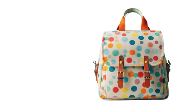 Multicolored polka dot backpack isolated