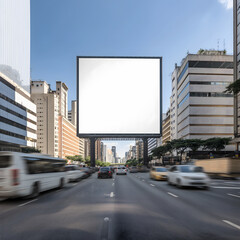 Obraz premium Large blank billboard on a busy urban street amid tall buildings with cars moving in the foreground under a clear sky.
