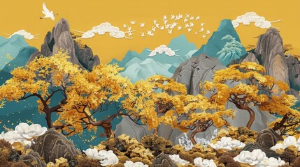 Chestnut brown trees with golden flowers in front of turquoise, onyx, and stone gray mountains, set against a sunflower yellow background with delicate white clouds and cranes.