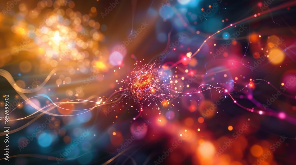 Poster an abstract digital illustration of quantum entanglement shows two particles connected by glowing li
