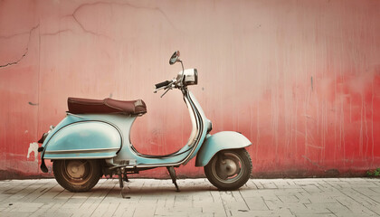 Vintage blue scooter parked on Italian street next to pink stucco wall, classic transportation concept, copy space