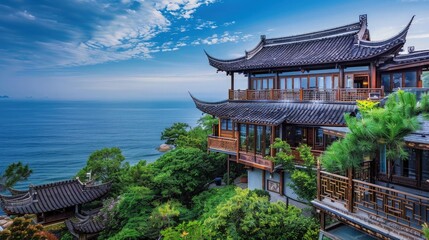 Fototapeta premium Chinese house on the hill near the sea.