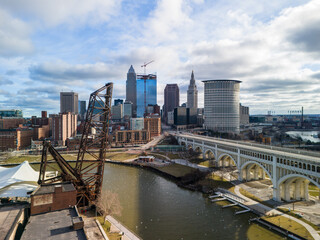 Cleveland aerial skyline with Cuyahoga River from west bank of the flats