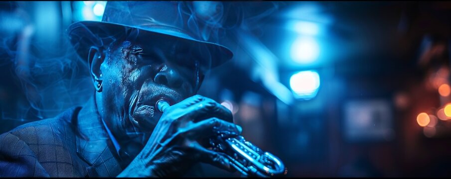 A musician playing a soulful melody on a harmonica in a dimly lit blues bar, evoking emotions with every note.