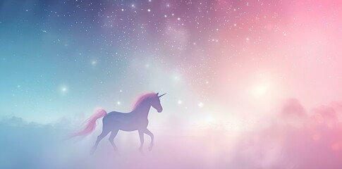 Fototapeta premium A beautiful unicorn with a pastel pink and blue background, glittering snowflakes in the air, a magical fantasy 