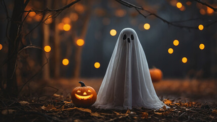 Halloween Concept - little white ghost with halloween pumpkin 