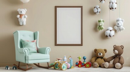 Cozy interior of child room with mint armchair, brown mock up poster frame, toys, teddy bear, plush animal, decoration and hanging cotton colorful balls. Beige wall. Warm kid space. Template.