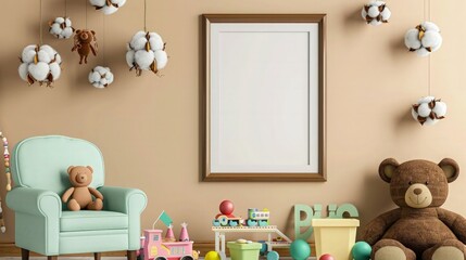 Cozy interior of child room with mint armchair, brown mock up poster frame, toys, teddy bear, plush animal, decoration and hanging cotton colorful balls. Beige wall. Warm kid space. Template.