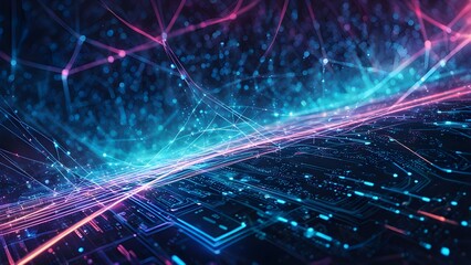 A computer generated image of a cityscape with a blue and pink background