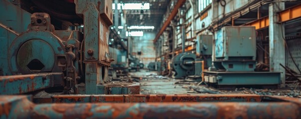 Abandoned industrial factory interior with rusted machinery and metal structures, creating an eerie, post-apocalyptic atmosphere.